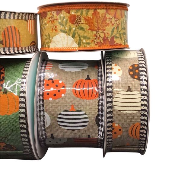 Fall Ribbon Lot 6 Rolls Wired Edge Pumpkins Plaid Gnomes Autumn Leaves Harvest 6 - Picture 4 of 11